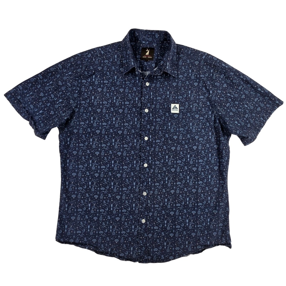 Jack and Sage Mens Camp Shirt Navy Blue Winter Ski Snowboard Print Large